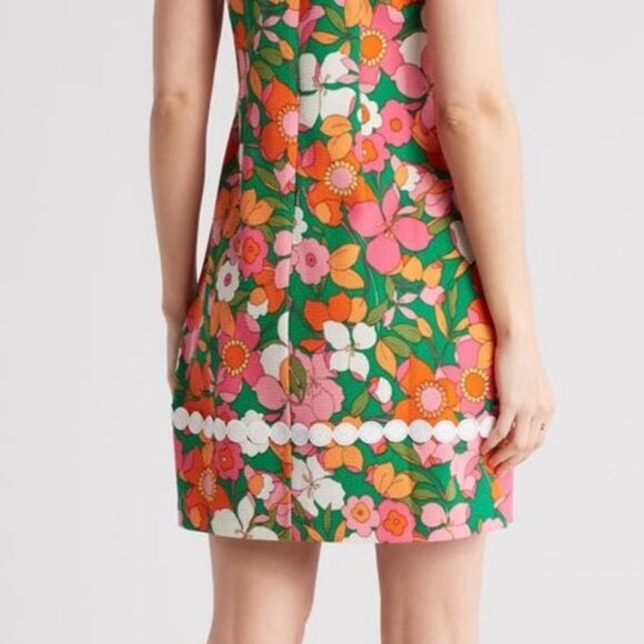 Eliza J 60's Mod Style Green Pink Floral Flower Print Embroidered Dress 2 Retro - Picture 4 of 10